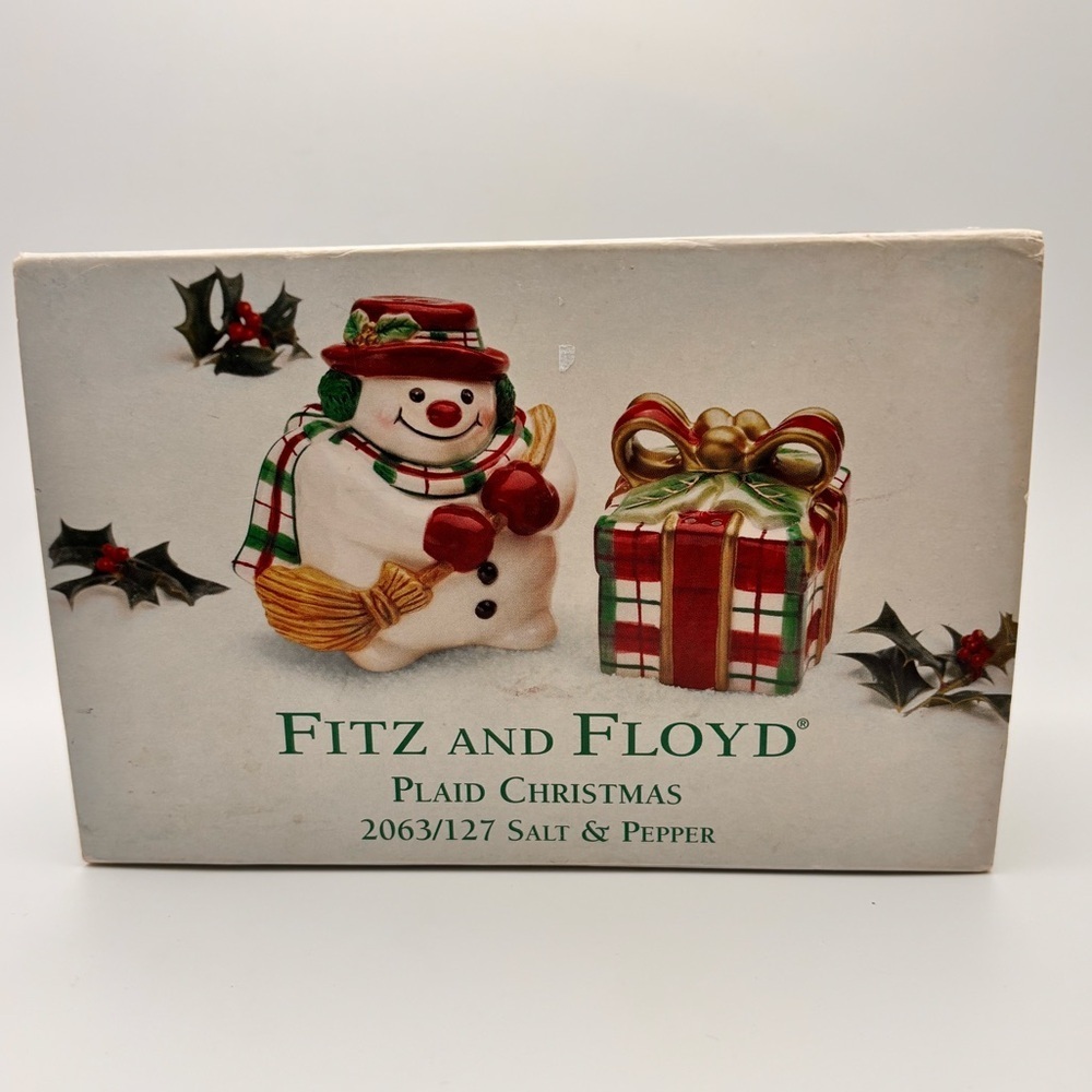 🎄 Fitz and Floyd Plaid Christmas Snowman & Gift Salt & Pepper Shakers